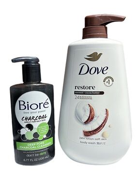 Dove Restore Coconut + Cocoa Butter Body Wash & Biore Charcoal Cleanser NEW